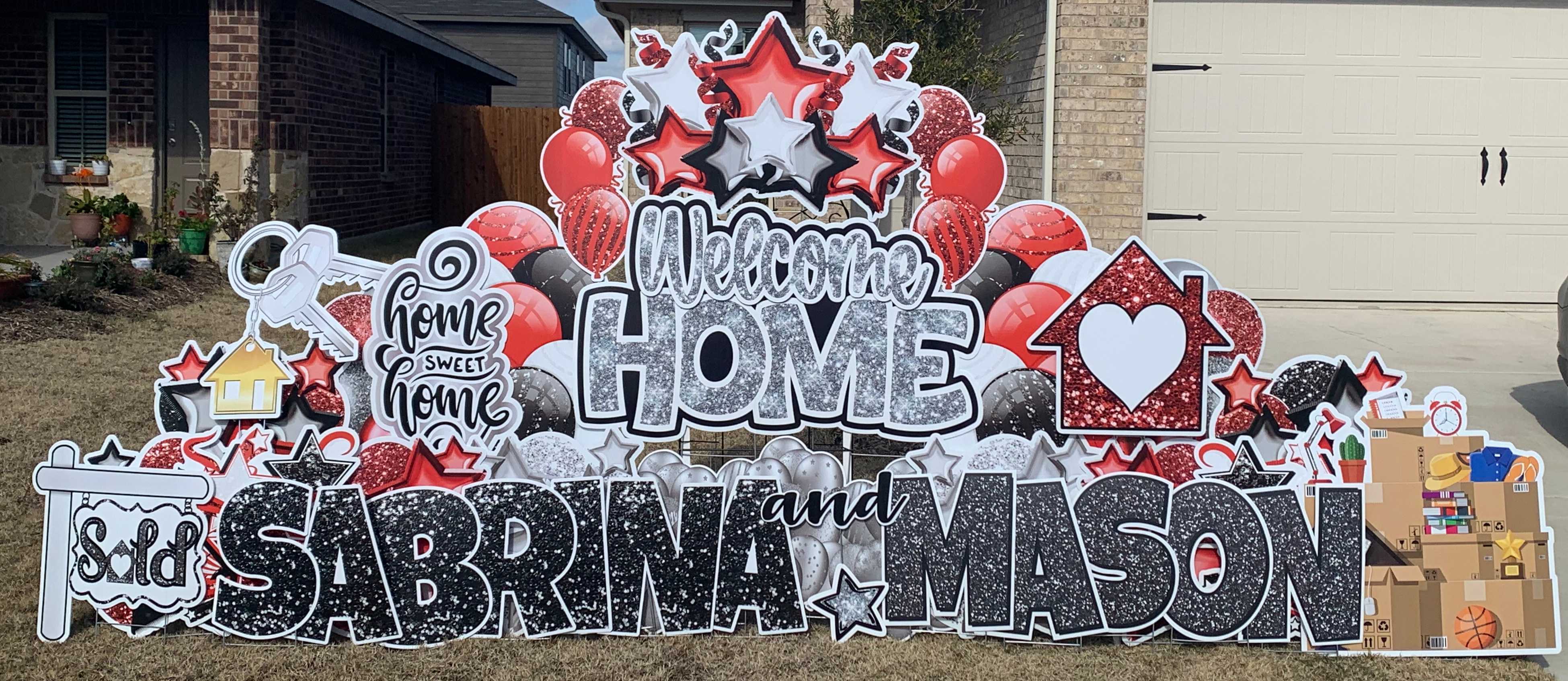 Yard card sign welcome home sabrina and mason 