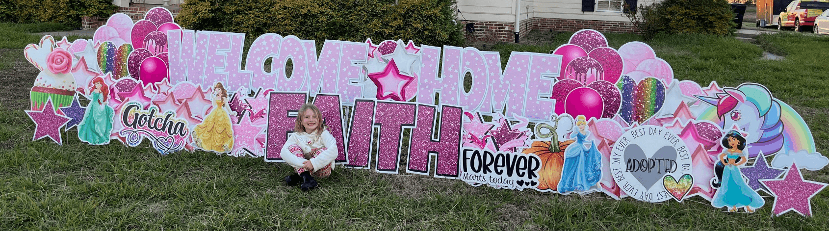 Yard card sign welcome home faith 